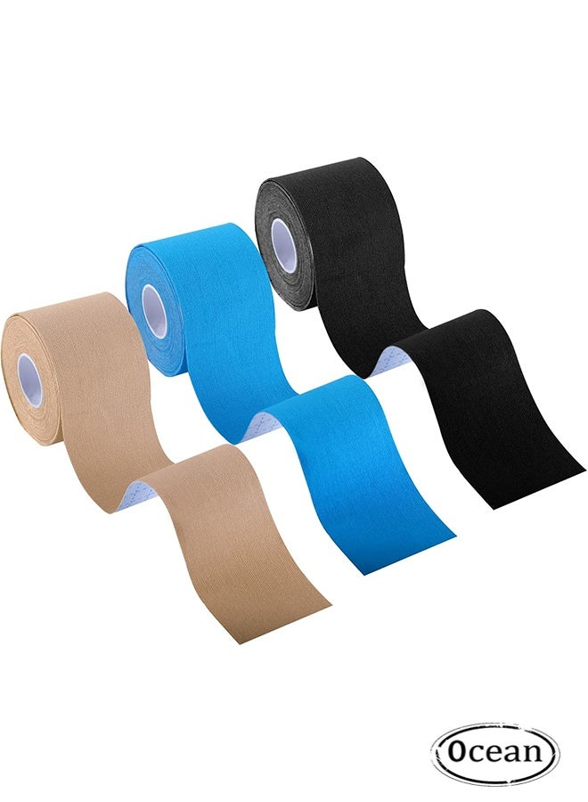 Ocean 3 Rolls Waterproof Breathable Kinesiology Tape, Athletic Elastic Kneepad Muscle Pain Relief Knee Taping for Gym Fitness Running Tennis Swimming Football, 5cm x 5m Per Roll (Black, Gray, Blue)  - Image 1