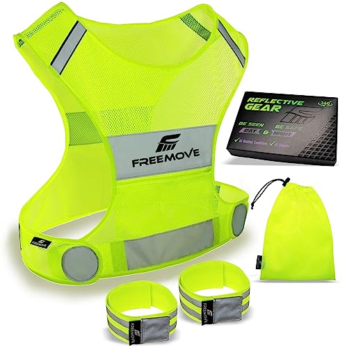 FREEMOVE Reflective Vest Running Gear + 2 Bands & Bag/Ultralight & Comfy Safety Vests with Front Pocket > High Visibility Reflector > for Men, Women > Running, Dog Walking or Cycling - Image 1