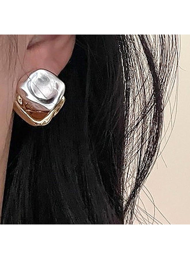 Uarein Two Tone Teardrop Stud Earrings for Women Girls Teen Gold Silver Front Back Oval Bean Dangle Earrings Cute Post Ball Earrings Lightweight Chunky Jewelry Gifts (Square) - Image 2