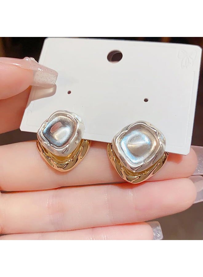 Uarein Two Tone Teardrop Stud Earrings for Women Girls Teen Gold Silver Front Back Oval Bean Dangle Earrings Cute Post Ball Earrings Lightweight Chunky Jewelry Gifts (Square) - Image 5