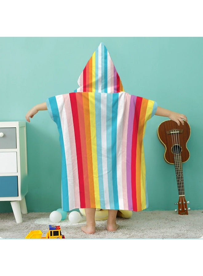 Vertical Rainbow Multicolor Stripe Full‑Printed Unisex Kids Hooded Quick‑Dry Poncho Towel, Polyester Soft Water‑Absorbent Loose Wind‑Proof Bath Wrap for All Kids, Ideal for Beach, Swimming Pool, Hot Spring & Daily Shower - Image 1
