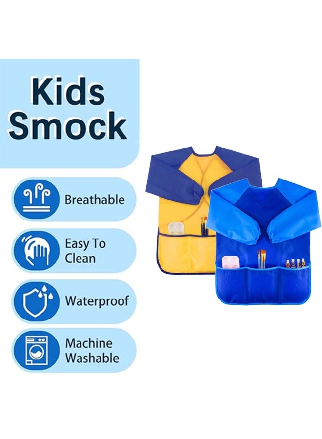 ديوتي طقم من قطعتين من مآزر الرسم المقاومة للماء للأطفال، بأكمام طويلة مع 3 جيوب، مآزر ملونة للأطفال من سن 3 إلى 8 سنوات (أصفر وأزرق) - Image 2