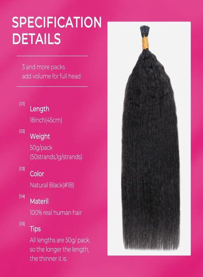 Lashey I Tip Hair Extensions Human Hair Natural Black 18 Inch Kinky Straight 50g 50s Pre Bonded I Tips for Women - Image 2