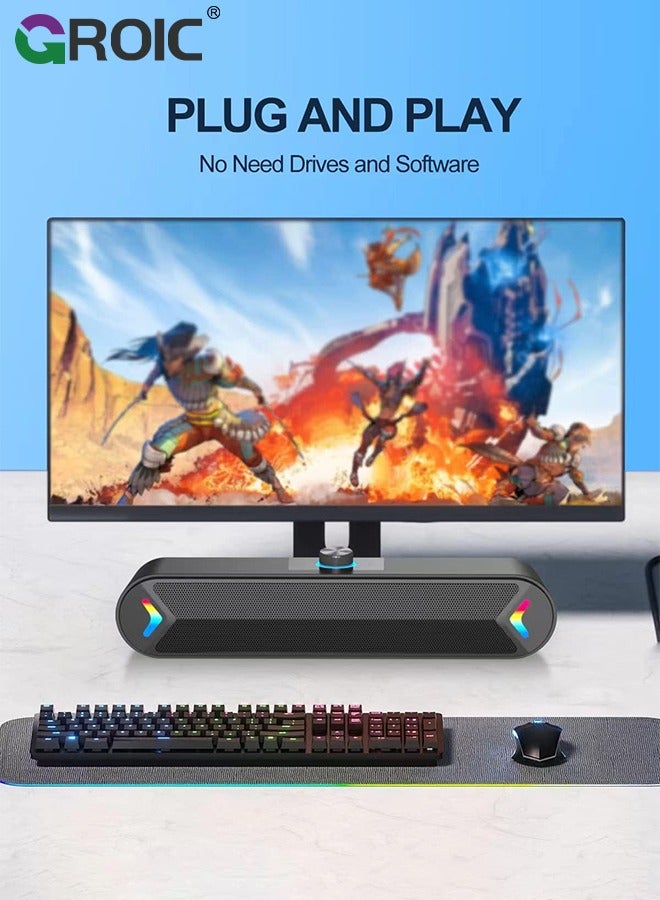 GROIC Black Computer Speakers for Desktop, Wired PC Speakers USB-Powered 3.5mm Soundbar with 10W Stereo Sound for PC Desktop, Plug-n-Play - Image 3