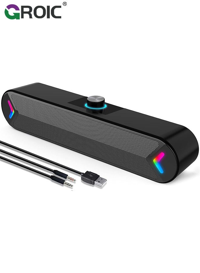 GROIC Black Computer Speakers for Desktop, Wired PC Speakers USB-Powered 3.5mm Soundbar with 10W Stereo Sound for PC Desktop, Plug-n-Play - Image 1