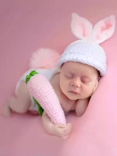 Vedory Newborn Baby Bunny Rabbit Crochet Knitted Photography Props Newborn Baby Outfits Diaper Costume (White B) - Image 5