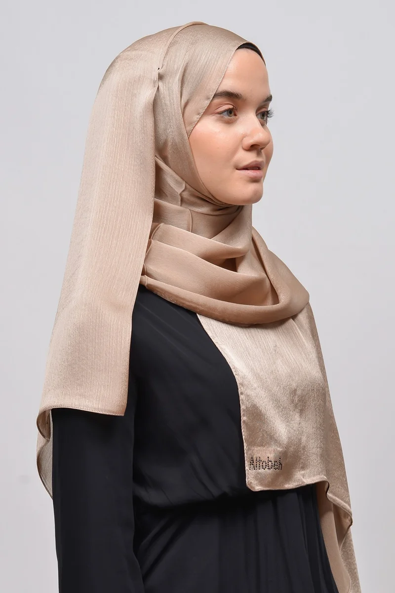 Altobeh Janjan Shiny Satin Textured Hijab Evening Dress Chiffon Shawl-Beige