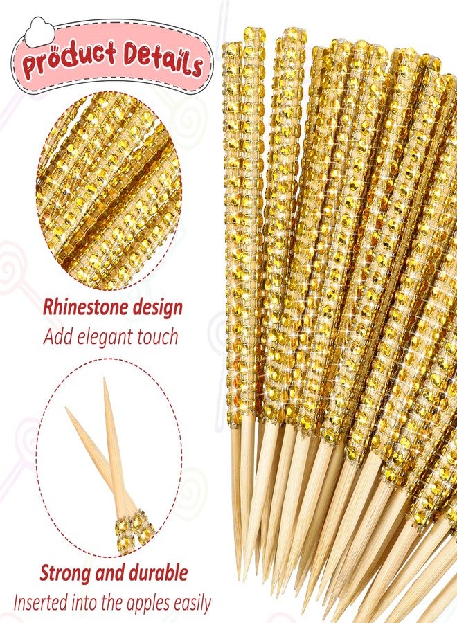 BOHUIZ 100 Pcs Gold Caramel Apple Wooden Pointed Skewers, Fruit Treats Bling Cake Pop Sticks Candy Apple Sticks with Glitter Rhinestones Diamond Mesh Wrap for Dessert Party Birthday Wedding Christmas - Image 3
