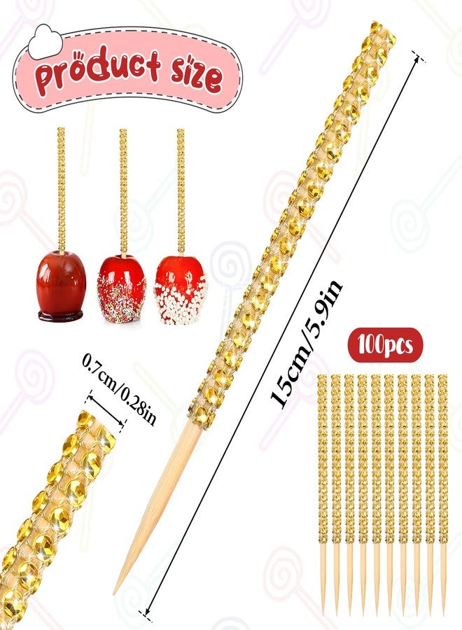 BOHUIZ 100 Pcs Gold Caramel Apple Wooden Pointed Skewers, Fruit Treats Bling Cake Pop Sticks Candy Apple Sticks with Glitter Rhinestones Diamond Mesh Wrap for Dessert Party Birthday Wedding Christmas - Image 2
