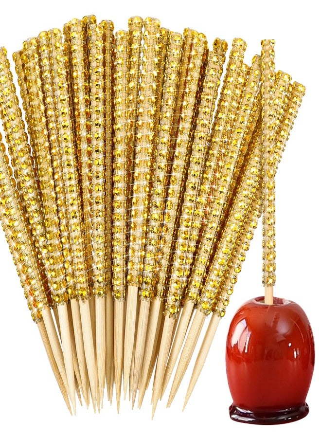 BOHUIZ 100 Pcs Gold Caramel Apple Wooden Pointed Skewers, Fruit Treats Bling Cake Pop Sticks Candy Apple Sticks with Glitter Rhinestones Diamond Mesh Wrap for Dessert Party Birthday Wedding Christmas - Image 1