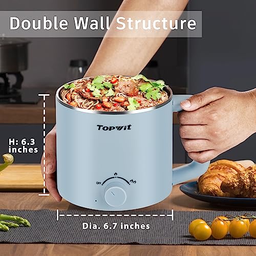 Topwit Hot Pot Electric with Steamer, 1.6L Ramen Cooker, Electric Pot for Pasta, Shabu-Shabu, Oatmeal, Soup and Egg, Portable Cooker with Dual Power Control, Dorm Room Essentials, Blue - Image 4