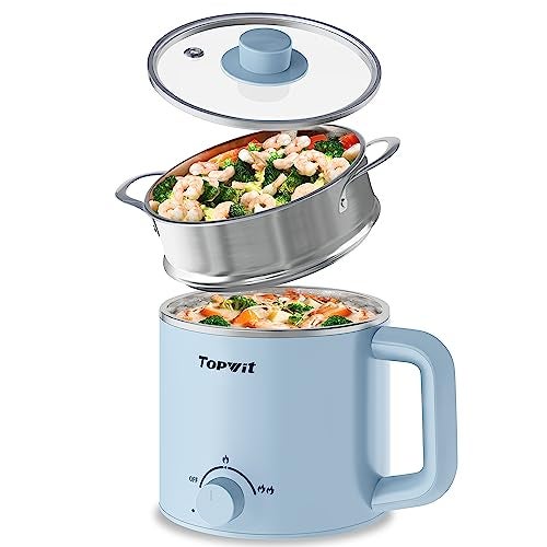 Topwit Hot Pot Electric with Steamer, 1.6L Ramen Cooker, Electric Pot for Pasta, Shabu-Shabu, Oatmeal, Soup and Egg, Portable Cooker with Dual Power Control, Dorm Room Essentials, Blue - Image 1