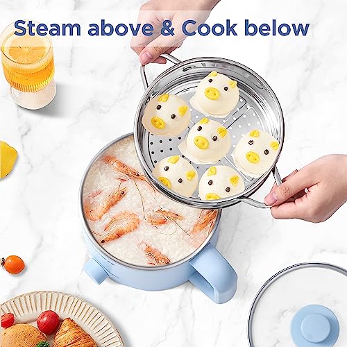 Topwit Hot Pot Electric with Steamer, 1.6L Ramen Cooker, Electric Pot for Pasta, Shabu-Shabu, Oatmeal, Soup and Egg, Portable Cooker with Dual Power Control, Dorm Room Essentials, Blue - Image 2