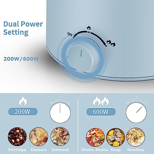 Topwit Hot Pot Electric with Steamer, 1.6L Ramen Cooker, Electric Pot for Pasta, Shabu-Shabu, Oatmeal, Soup and Egg, Portable Cooker with Dual Power Control, Dorm Room Essentials, Blue - Image 5