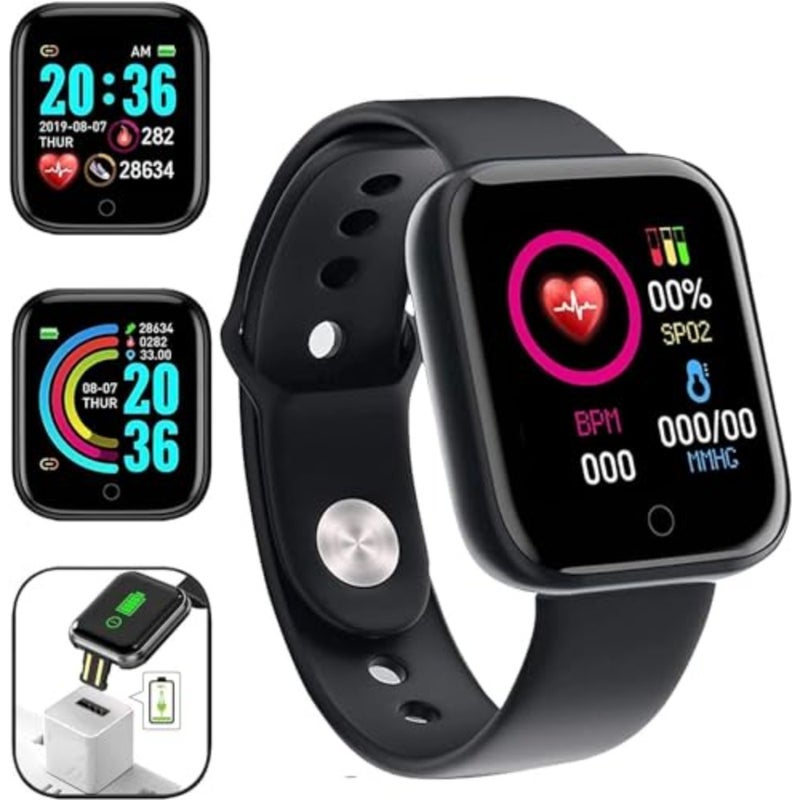 Fitness tracker smartwatch for sports and daily use, silicone strap, black, waterproof with heart rate, blood pressure and sleep monitoring, message and call alerts, compatible with iOS and Android - Image 1