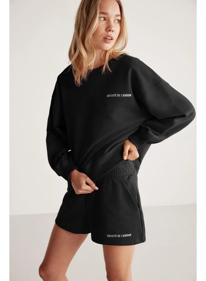 Grimelange Jennıfer Women's Ultra Soft Embroidered Detailed Organic Cotton Oversize Black Sweatshirt.