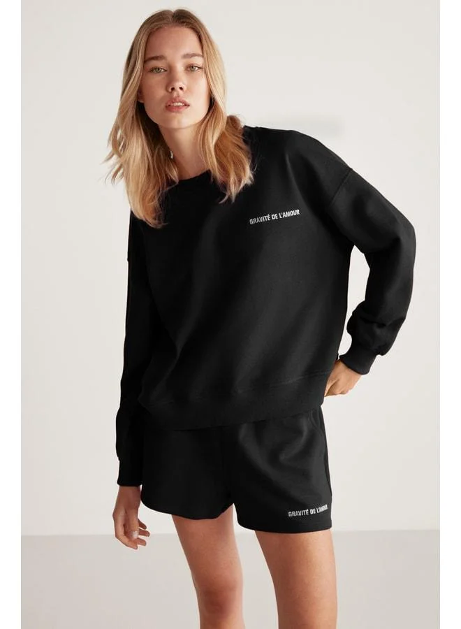 Grimelange Jennıfer Women's Ultra Soft Embroidered Detailed Organic Cotton Oversize Black Sweatshirt.