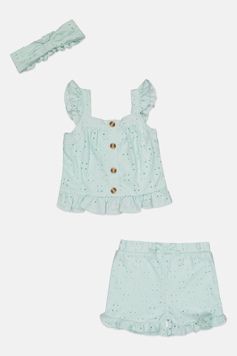 little lass Toddlers Girl 3 Pcs Eyelet Top, Shorts And Headband Set, Mint Green - Image 2