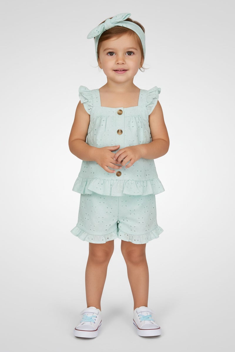 little lass Toddlers Girl 3 Pcs Eyelet Top, Shorts And Headband Set, Mint Green - Image 1