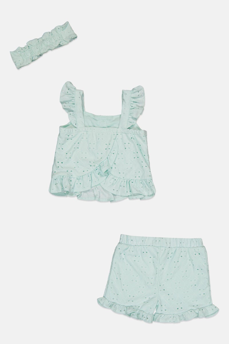 little lass Toddlers Girl 3 Pcs Eyelet Top, Shorts And Headband Set, Mint Green - Image 3