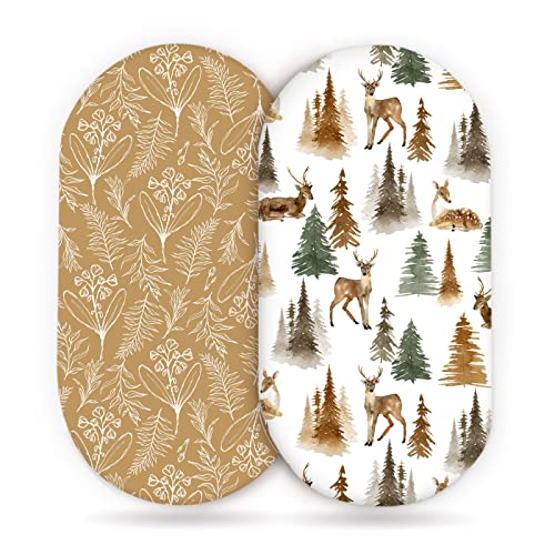 GRSSDER Stretchy Ultra Soft Fitted Bassinet Sheet Set 2 Pack Universal Fit for Bassinets Baby Cradle Moses Basket Oval Rectangle Mattress Stylish Jungle Deer Bassinet Sheets for Girls and Boys