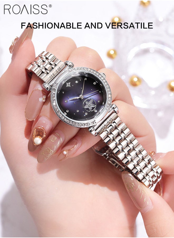 roaiss - Steel Band Quartz Watches for Women, Analog Display Round Starry Sky Dial with Rhinestones Decoration, Waterproof Luxurious Wristwatch as Gift for Ladies - Image 1