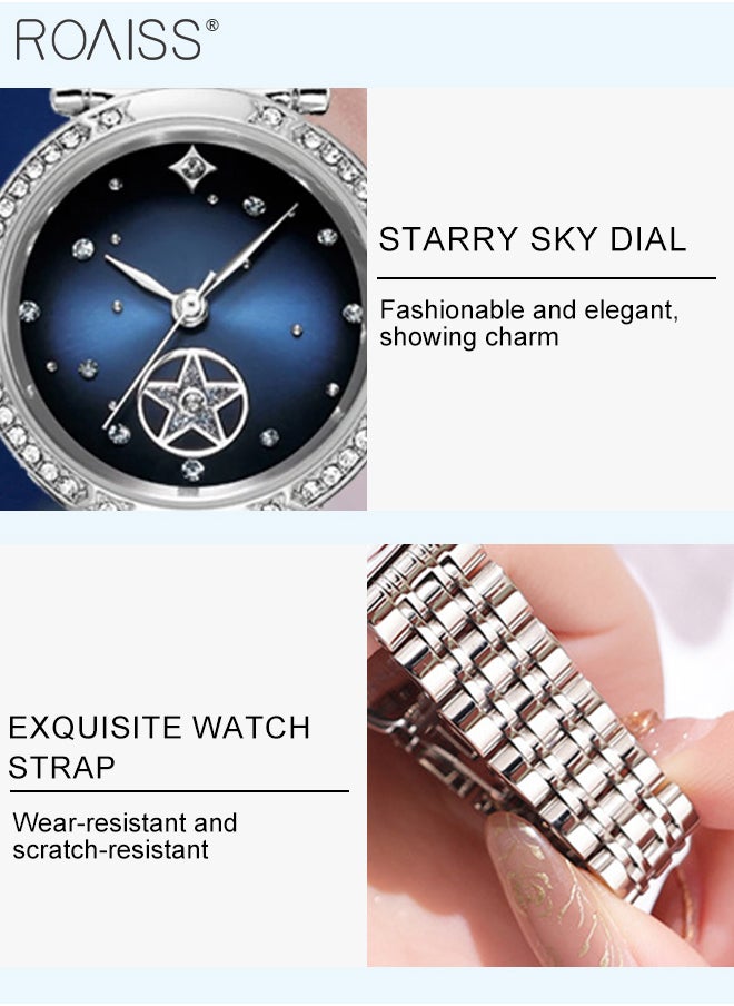 roaiss - Steel Band Quartz Watches for Women, Analog Display Round Starry Sky Dial with Rhinestones Decoration, Waterproof Luxurious Wristwatch as Gift for Ladies - Image 1