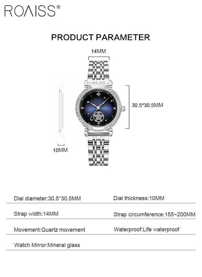 roaiss - Steel Band Quartz Watches for Women, Analog Display Round Starry Sky Dial with Rhinestones Decoration, Waterproof Luxurious Wristwatch as Gift for Ladies - Image 1