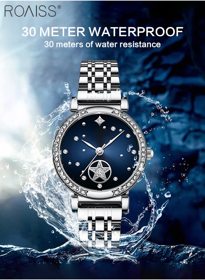 roaiss - Steel Band Quartz Watches for Women, Analog Display Round Starry Sky Dial with Rhinestones Decoration, Waterproof Luxurious Wristwatch as Gift for Ladies - Image 1
