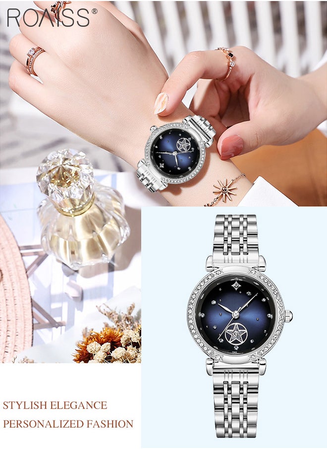 roaiss - Steel Band Quartz Watches for Women, Analog Display Round Starry Sky Dial with Rhinestones Decoration, Waterproof Luxurious Wristwatch as Gift for Ladies - Image 1