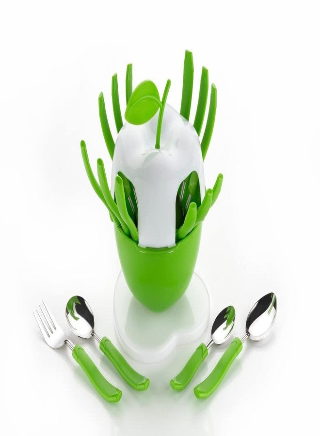 UNLOCK® Apple Shape Cutlery Set for Dining Table | Stainless Steel 16 Piece with Stand | 4 Tea Spoons 4 Dessert Spoons 4 Forks 4 Soup Spoons | Premium Kitchen Tableware Set (Green)