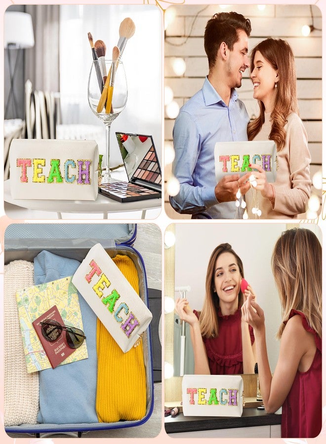 CY2SIDE Colorful TEACH Letter Patch Makeup Bag Shell Gold PU Leather Patch Cosmetic Bag with TEACH Chenille Letter for Travel Waterproof Portable Zipper Travel Organizer for Teacher Appreciation Gifts - Image 5
