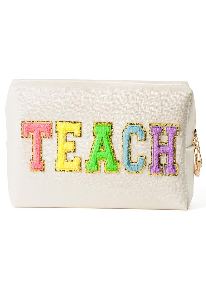 CY2SIDE Colorful TEACH Letter Patch Makeup Bag Shell Gold PU Leather Patch Cosmetic Bag with TEACH Chenille Letter for Travel Waterproof Portable Zipper Travel Organizer for Teacher Appreciation Gifts - Image 1
