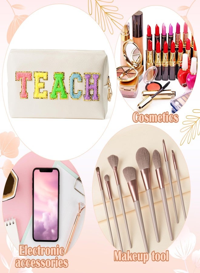 CY2SIDE Colorful TEACH Letter Patch Makeup Bag Shell Gold PU Leather Patch Cosmetic Bag with TEACH Chenille Letter for Travel Waterproof Portable Zipper Travel Organizer for Teacher Appreciation Gifts - Image 3