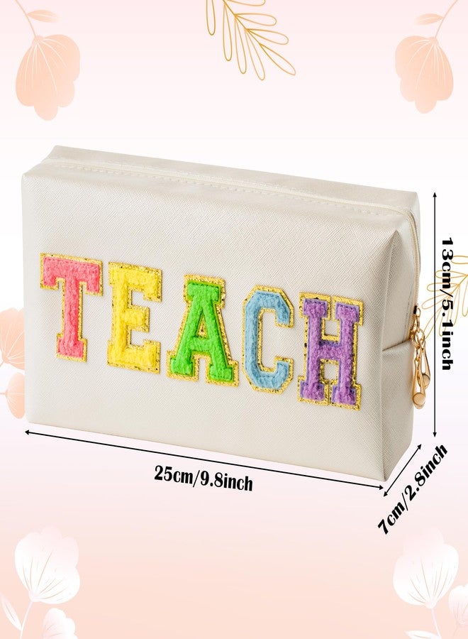 CY2SIDE Colorful TEACH Letter Patch Makeup Bag Shell Gold PU Leather Patch Cosmetic Bag with TEACH Chenille Letter for Travel Waterproof Portable Zipper Travel Organizer for Teacher Appreciation Gifts - Image 2