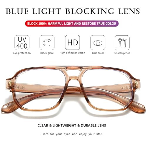 PORADAY Blue Light Blocking Glasses for Women Men 70s Retro Square Aviator Eyeglasses Rectangle Computer Eyewear(Black+Light Brown) - Image 4