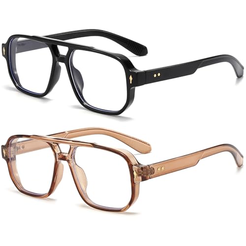 PORADAY Blue Light Blocking Glasses for Women Men 70s Retro Square Aviator Eyeglasses Rectangle Computer Eyewear(Black+Light Brown) - Image 1