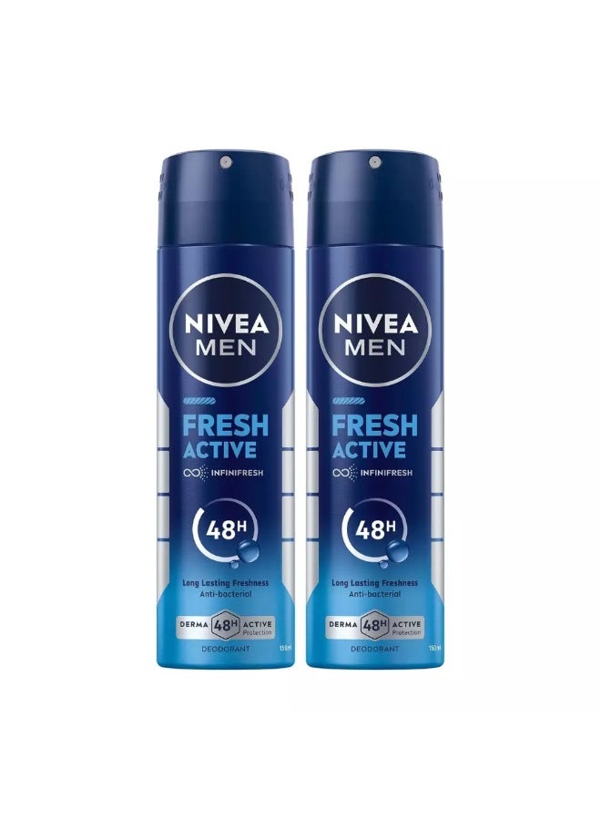 Nivea Men Fresh Active, Quick Dry & Long-Lasting Deodorant Spray- 2X150ml