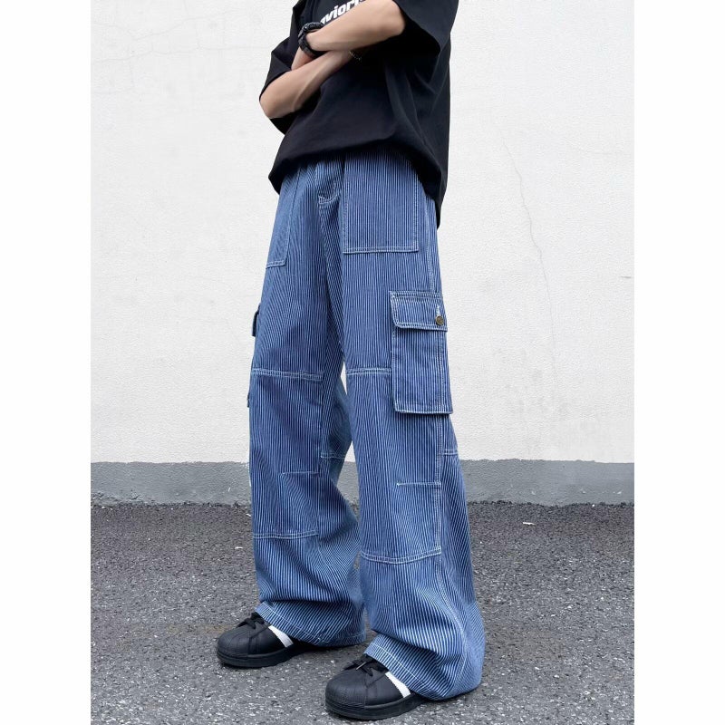 Functional Retro Striped Straight-Leg Jeans American Style Tooling Teen Fashion Retro Multi-Pocket Wide-Leg Pants - Image 4