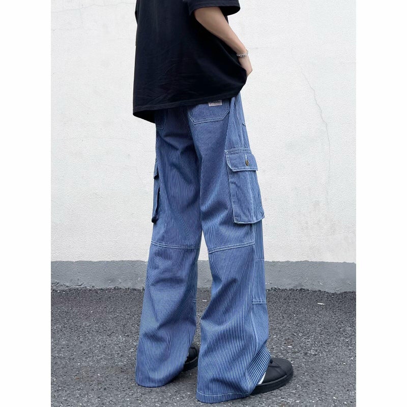 Functional Retro Striped Straight-Leg Jeans American Style Tooling Teen Fashion Retro Multi-Pocket Wide-Leg Pants - Image 5