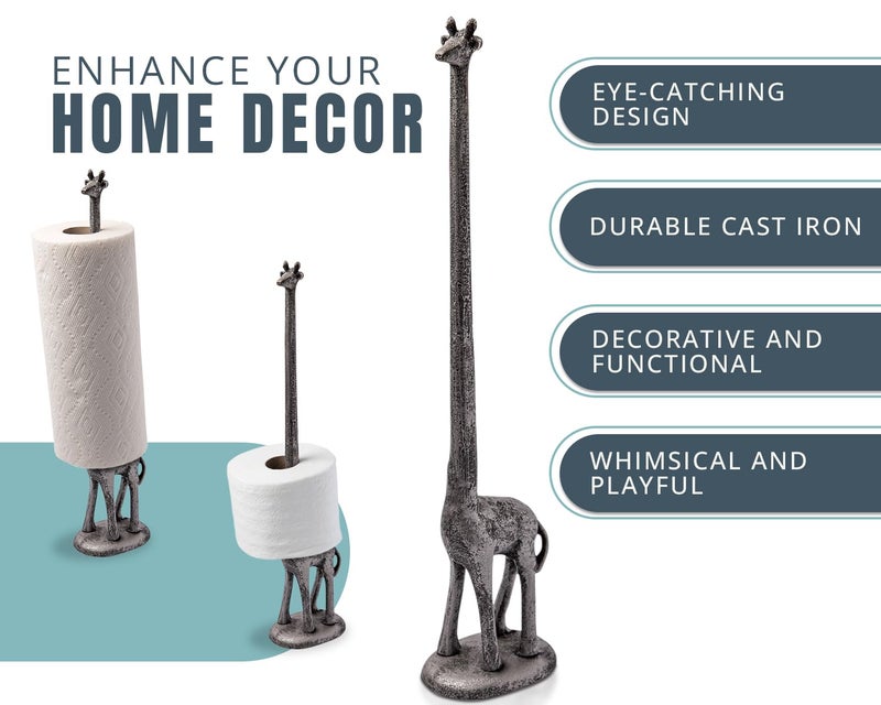 Comfify Giraffe Paper Towel Holder for Kitchen or Decorative Toilet Paper Stand for Bathroom - Unique Antique, Vintage, Whimsical Animal Design Roll Dispenser for Home Decor - Silver with Black - Image 2
