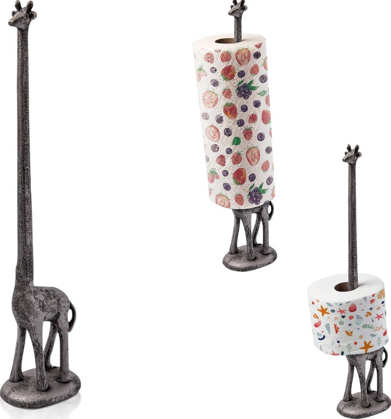 Comfify Giraffe Paper Towel Holder for Kitchen or Decorative Toilet Paper Stand for Bathroom - Unique Antique, Vintage, Whimsical Animal Design Roll Dispenser for Home Decor - Silver with Black - Image 1