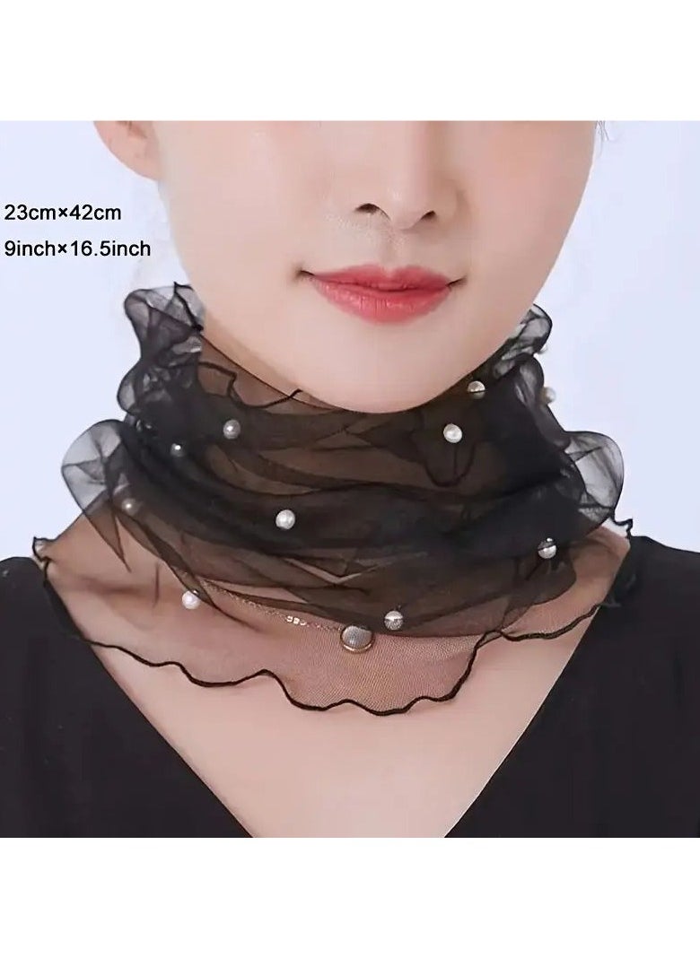 Goolsky Imitation Pearl Decor Gauze Neck Gaiter, Boho Lightweight Breathable Mesh Yarn Neck Cover, Outdoor Sunscreen Decorative Elastic Infinity Scarf  - Image 1