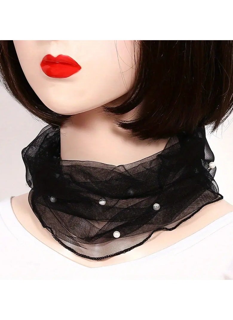 Goolsky Imitation Pearl Decor Gauze Neck Gaiter, Boho Lightweight Breathable Mesh Yarn Neck Cover, Outdoor Sunscreen Decorative Elastic Infinity Scarf  - Image 4
