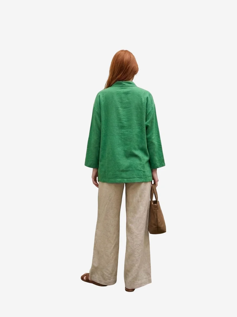 ماي فاشن MY FASHION Oversized Linen-Blend Long Sleeve Shirt