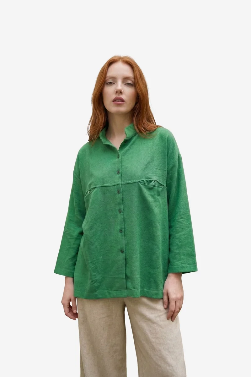 ماي فاشن MY FASHION Oversized Linen-Blend Long Sleeve Shirt
