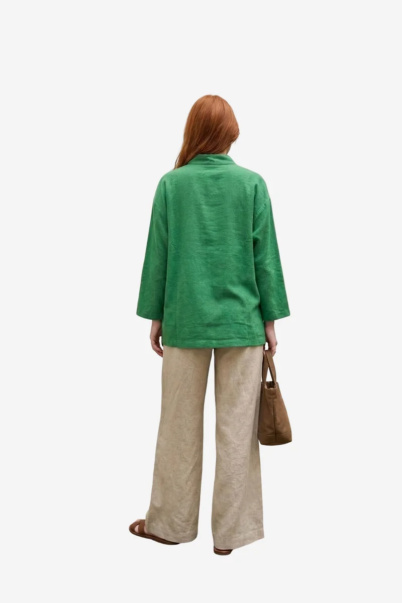 ماي فاشن MY FASHION Oversized Linen-Blend Long Sleeve Shirt