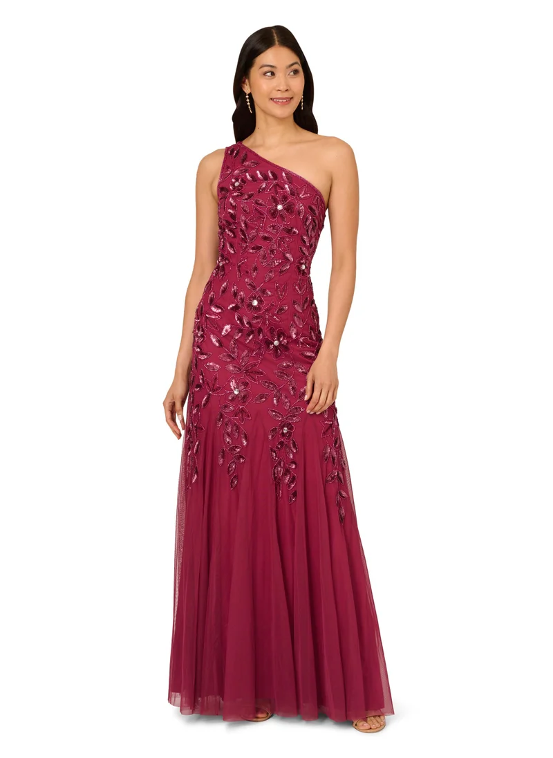 Adrianna Papell Embellished One Shoulder Maxi Dress