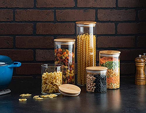 Le'raze Set of 5 Glass Kitchen Canisters with Airtight Bamboo Lid Glass Storage Jars for Pantry Organization and Bathroom for Flour Coffee Cookie Jar Candy Snack Pasta Rice Sugar Packet Holder - Image 3