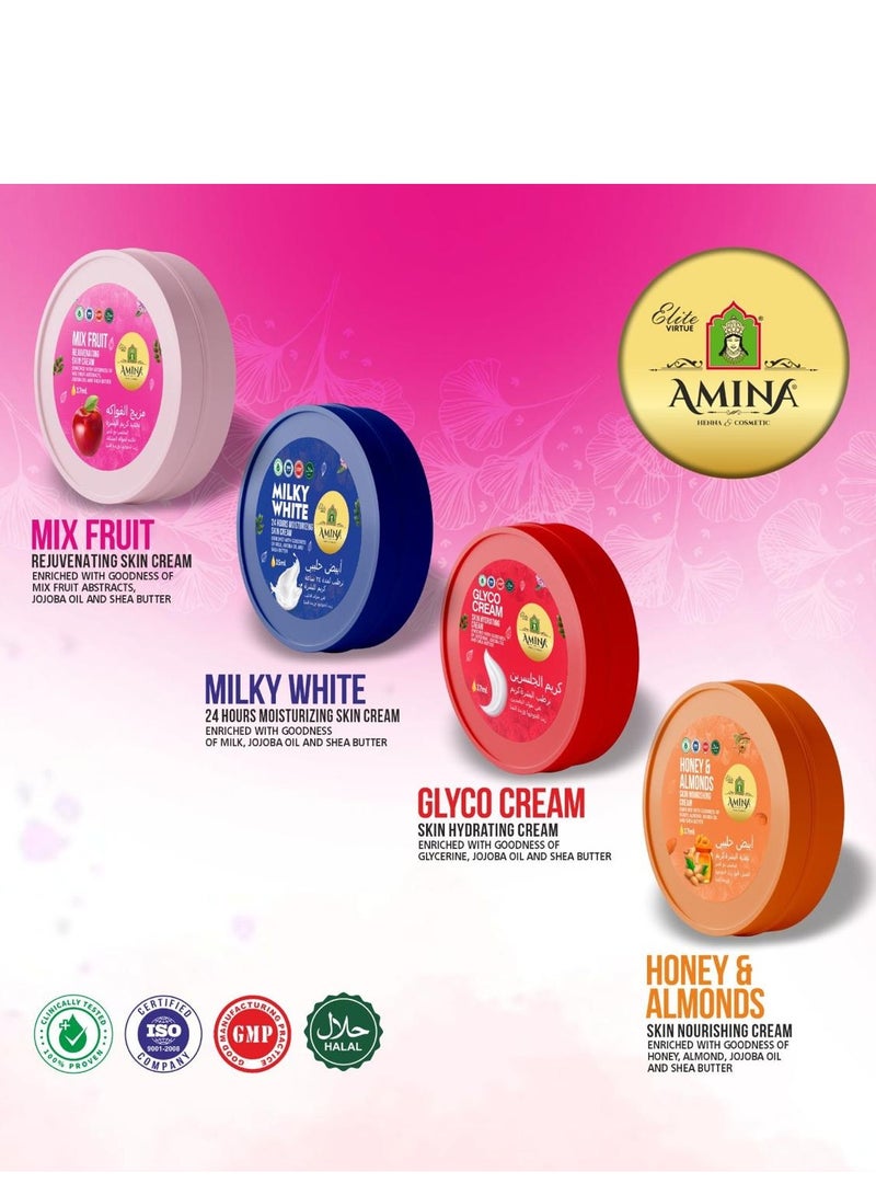 Amina Combo Of Milky, Glyco, Honey & Almond, Mix Fruit Moisturizing Cream with a lightweight, nourishing formula, Beauty cream, Skin Whiting for soft smooth skin, 17 ml (Pack of 12) - Image 3
